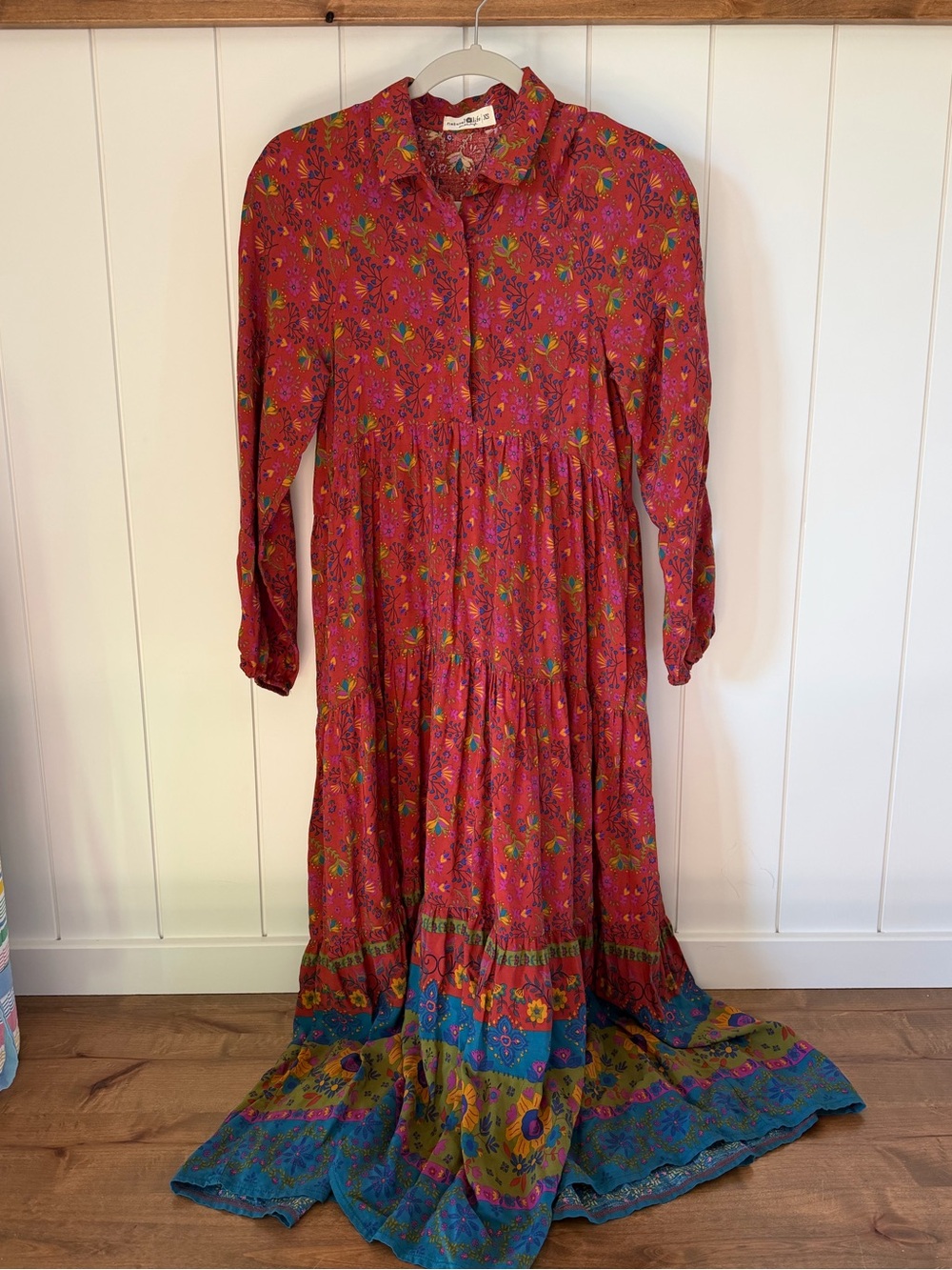 NATURAL LIFE Red Floral Tiered Maxi Dress with Blue & Green Hem
